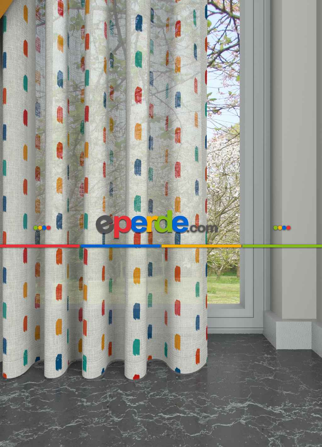 Renkli Modern Desen Keten Zemin Baskılı Tül Perde