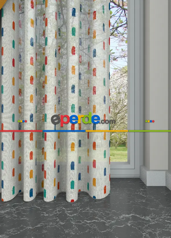 Renkli Modern Desen Keten Zemin Baskılı Tül Perde
