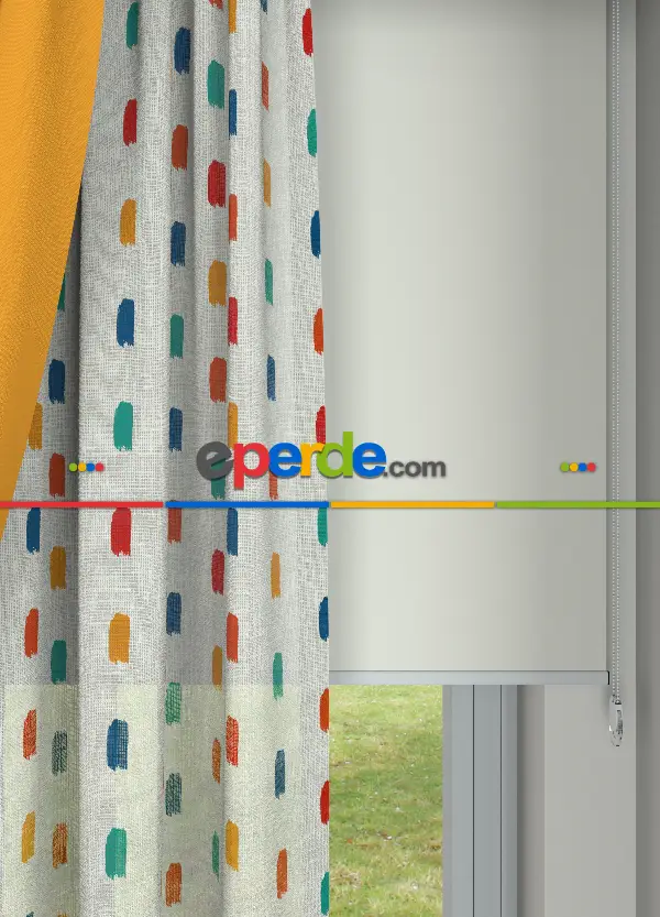 Renkli Modern Desen Keten Zemin Baskılı Tül Perde