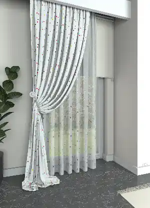Bebek Odası - Kırmızı Mor Puan Desenli Keten Zemin Baskılı Tül Perde - Bebek Odası