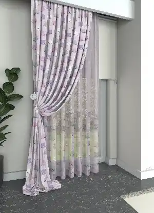 Pembe Lila Kedi Desenli Keten Zemin Baskılı Tül Perde - Kız Bebek Odası