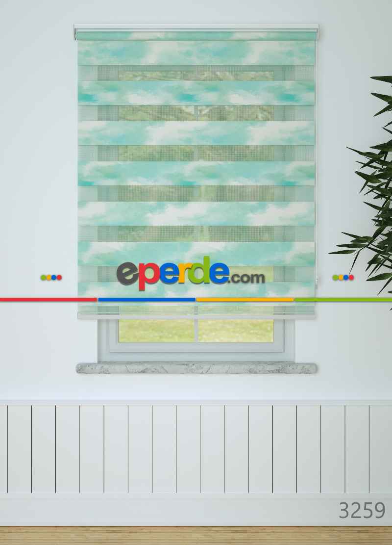 Genç Odası - Mint Suluboya Desenli Baskılı Zebra Perde