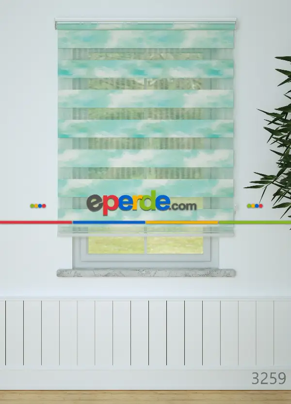 Genç Odası - Mint Suluboya Desenli Baskılı Zebra Perde