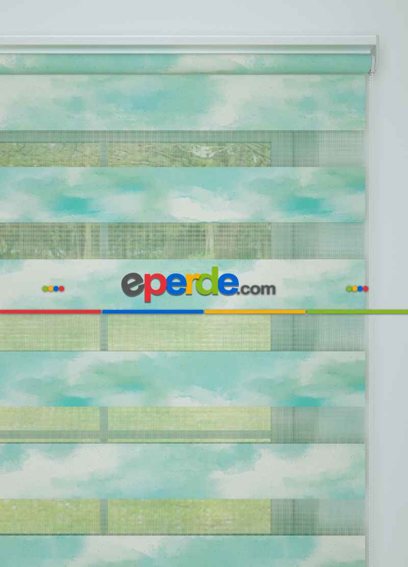 Genç Odası - Mint Suluboya Desenli Baskılı Zebra Perde