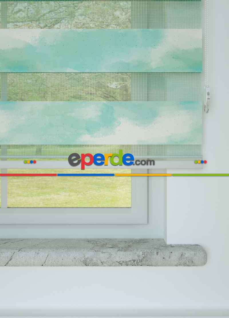 Genç Odası - Mint Suluboya Desenli Baskılı Zebra Perde