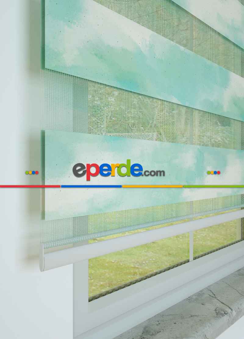 Genç Odası - Mint Suluboya Desenli Baskılı Zebra Perde