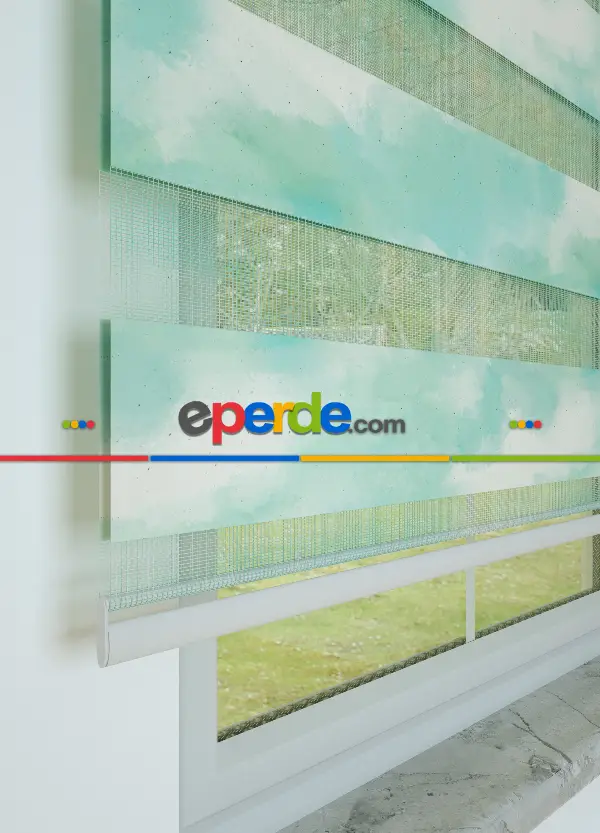 Genç Odası - Mint Suluboya Desenli Baskılı Zebra Perde