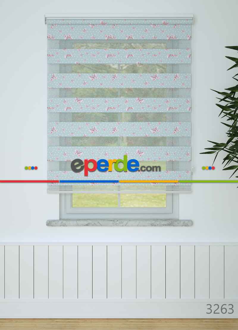 Bebek Odası - Açık Mavi Pembe Kelebek Ve Puan Desenli Baskılı Zebra Perde