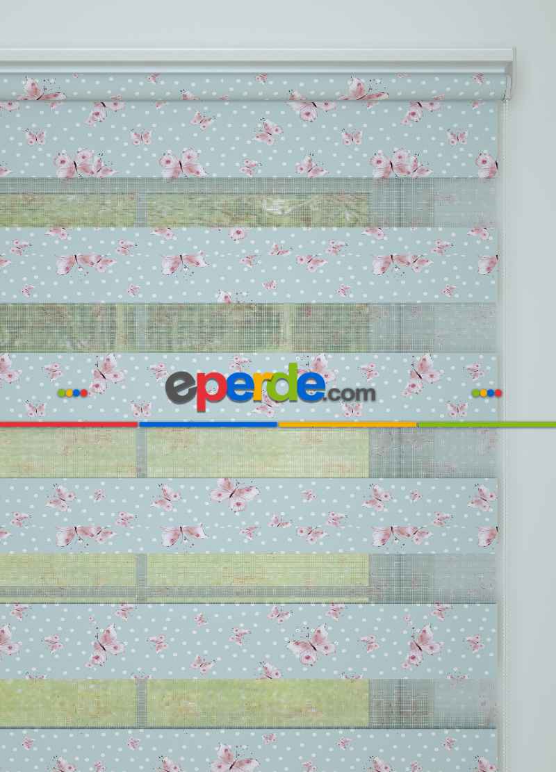 Bebek Odası - Açık Mavi Pembe Kelebek Ve Puan Desenli Baskılı Zebra Perde