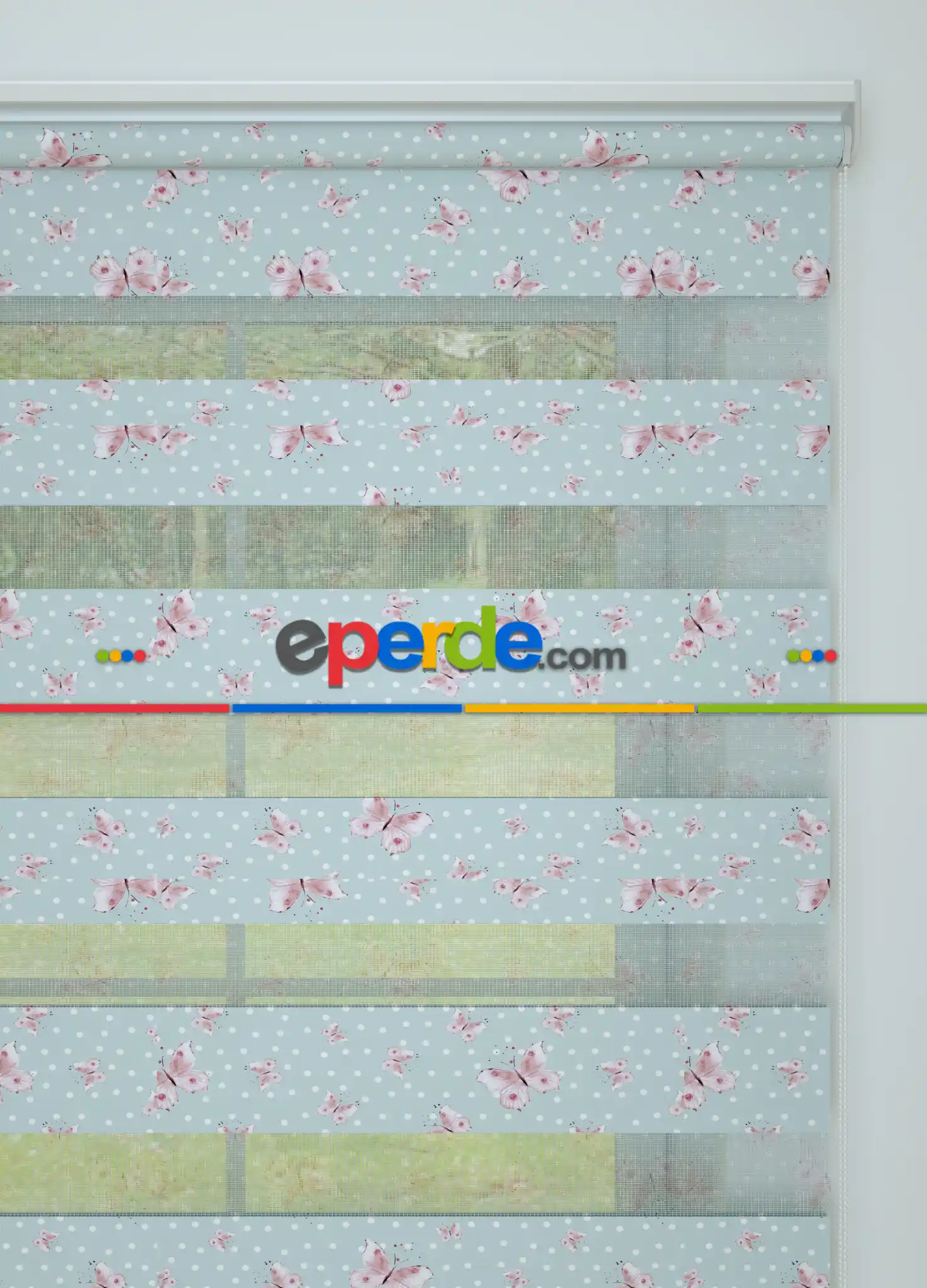 Bebek Odası - Açık Mavi Pembe Kelebek Ve Puan Desenli Baskılı Zebra Perde