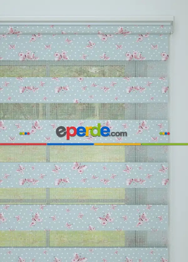 Bebek Odası - Açık Mavi Pembe Kelebek Ve Puan Desenli Baskılı Zebra Perde