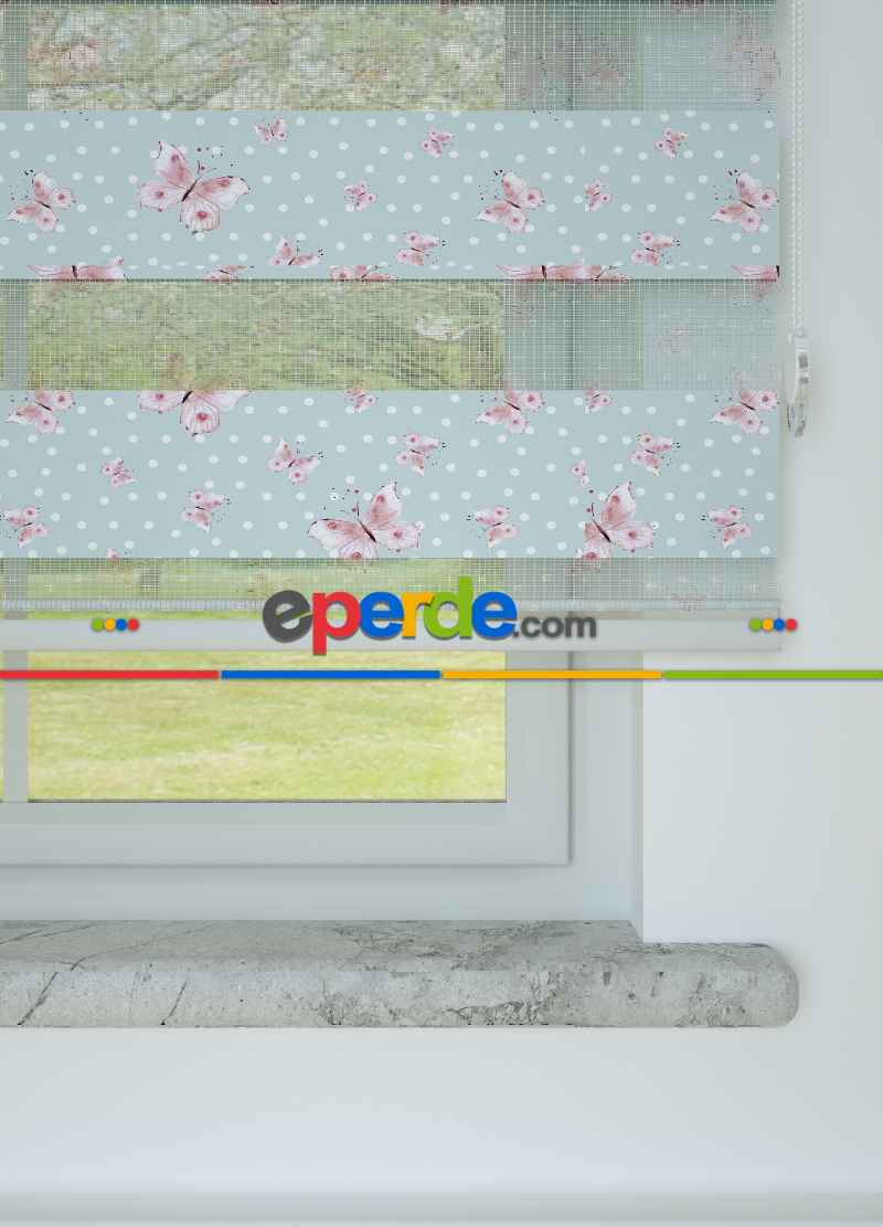 Bebek Odası - Açık Mavi Pembe Kelebek Ve Puan Desenli Baskılı Zebra Perde