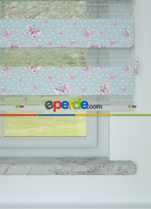 Bebek Odası - Açık Mavi Pembe Kelebek Ve Puan Desenli Baskılı Zebra Perde