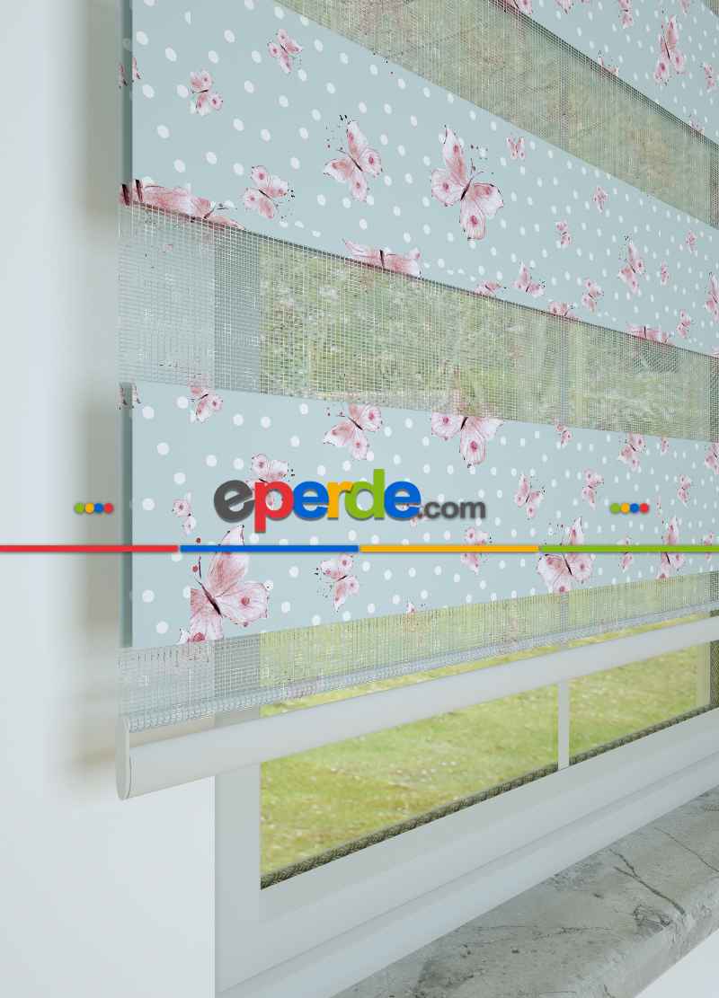 Bebek Odası - Açık Mavi Pembe Kelebek Ve Puan Desenli Baskılı Zebra Perde