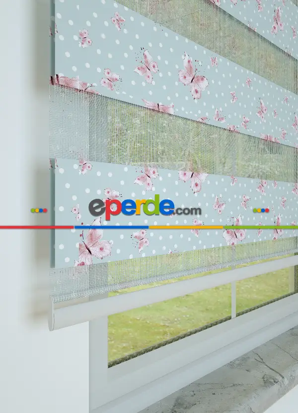 Bebek Odası - Açık Mavi Pembe Kelebek Ve Puan Desenli Baskılı Zebra Perde