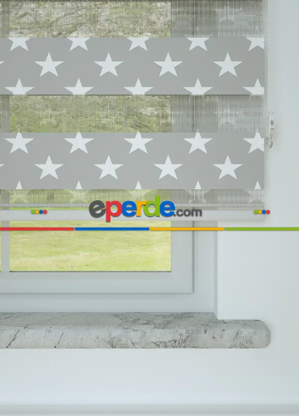 Bebek Odası - Gri Yıldız Desenli Baskılı Zebra Perde