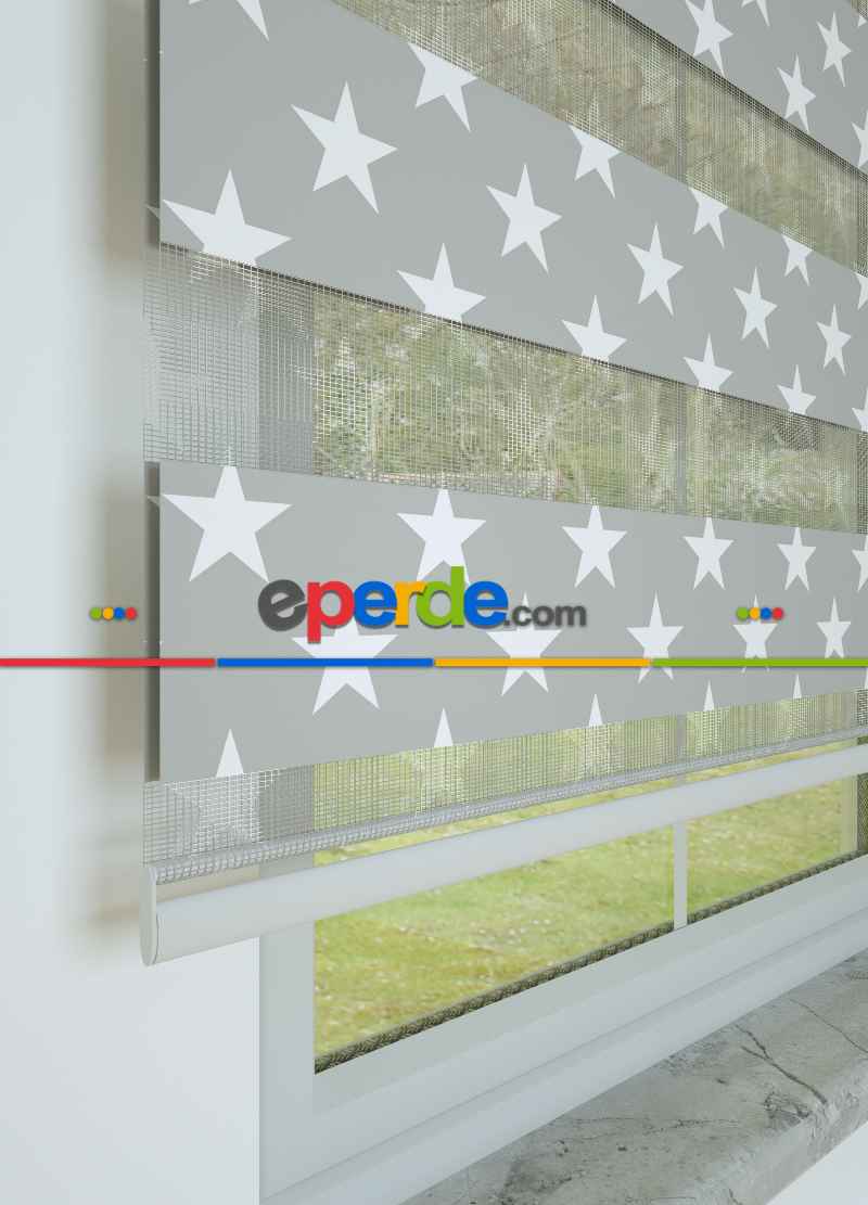 Çocuk Odası - Gri Yıldız Desenli Baskılı Zebra Perde