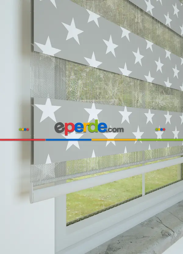 Bebek Odası - Gri Yıldız Desenli Baskılı Zebra Perde