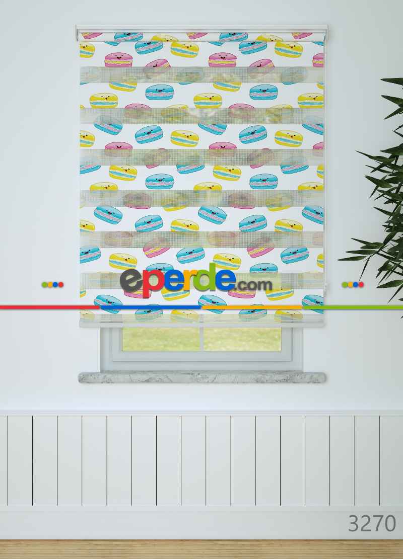 Çocuk Odası - Sarı Pembe Macaron Desenli Baskılı Zebra Perde