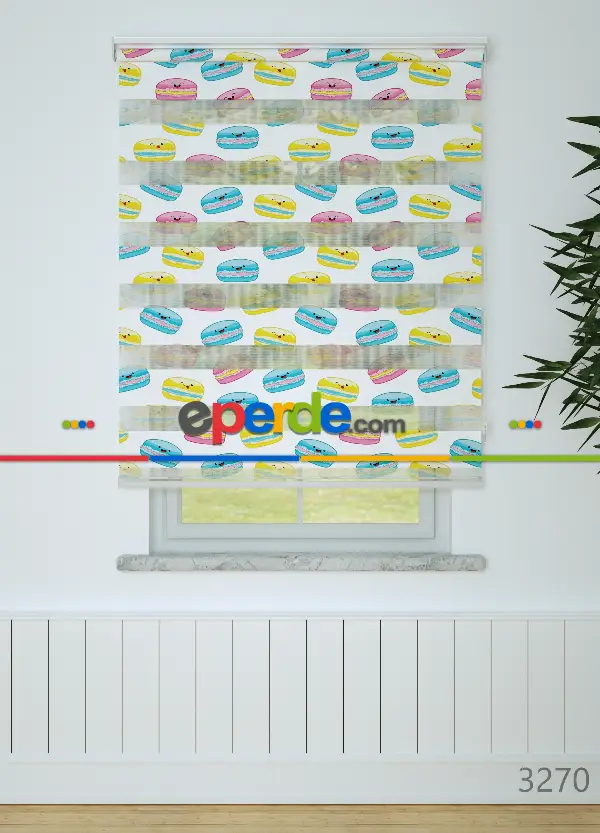 Sarı Pembe Macaron Desenli Baskılı Zebra Perde