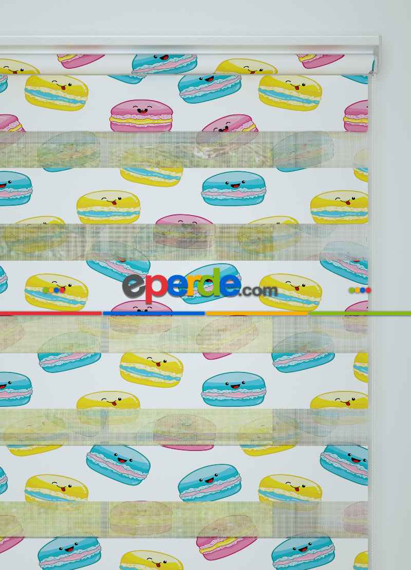 Çocuk Odası - Sarı Pembe Macaron Desenli Baskılı Zebra Perde