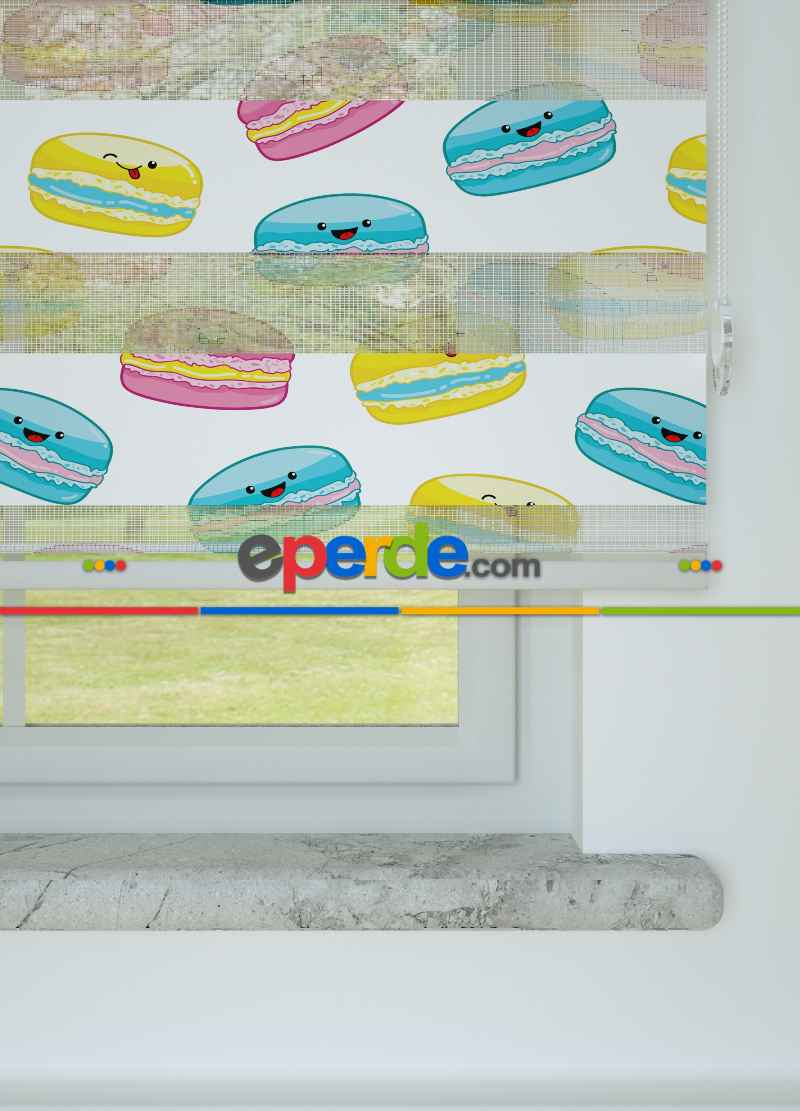 Çocuk Odası - Sarı Pembe Macaron Desenli Baskılı Zebra Perde