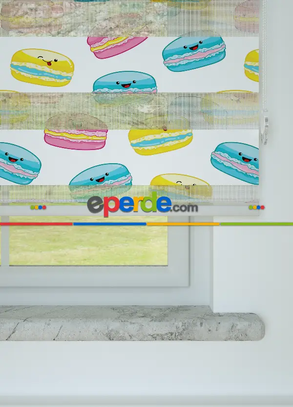 Sarı Pembe Macaron Desenli Baskılı Zebra Perde