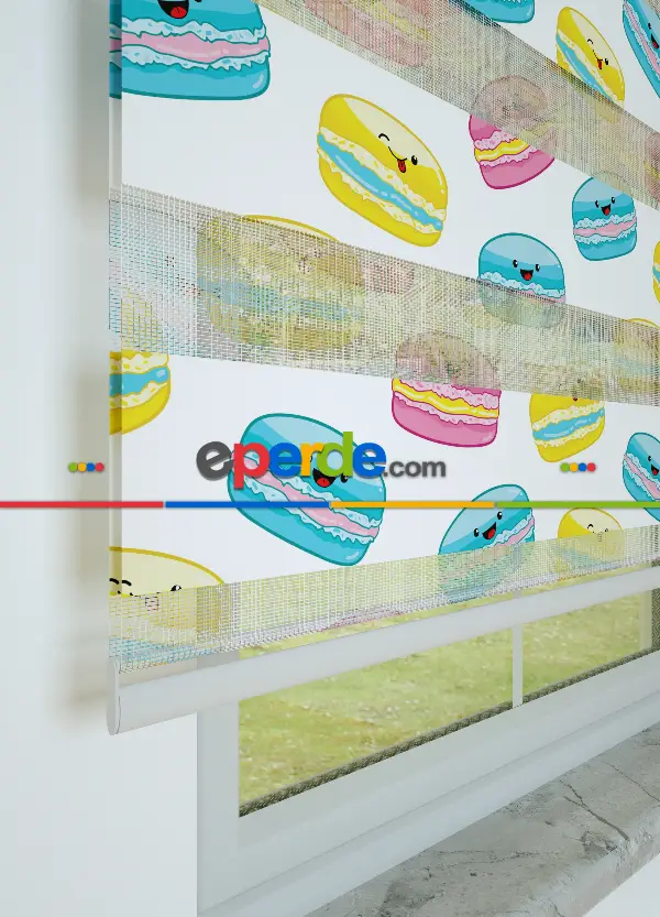 Sarı Pembe Macaron Desenli Baskılı Zebra Perde
