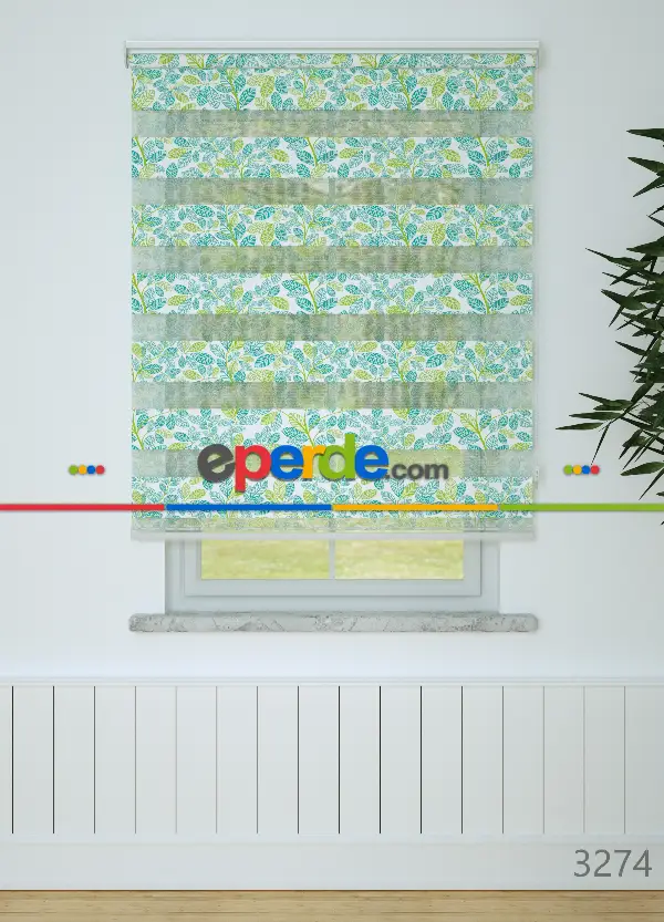 Yeşil Mint Yaprak Desenli Baskılı Zebra Perde