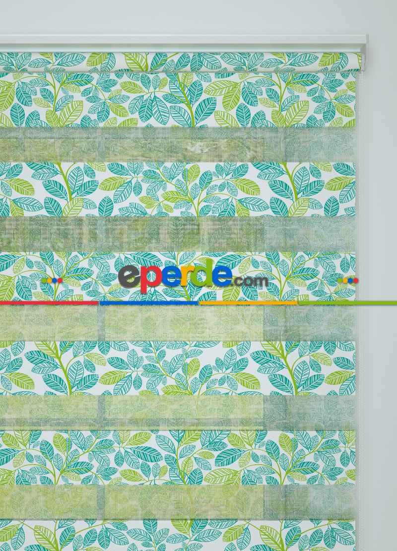 Yeşil Mint Yaprak Desenli Baskılı Zebra Perde
