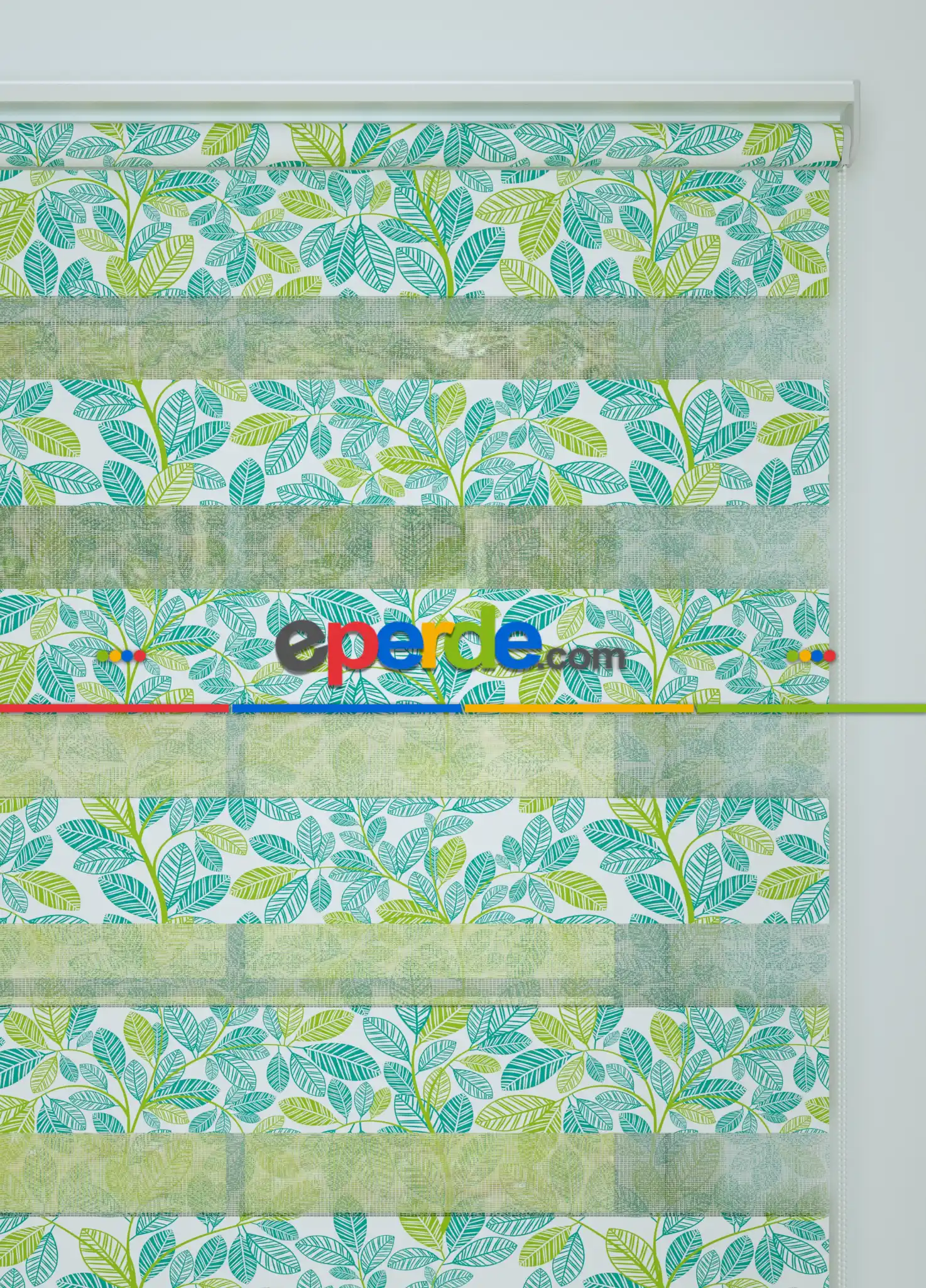 Yeşil Mint Yaprak Desenli Baskılı Zebra Perde