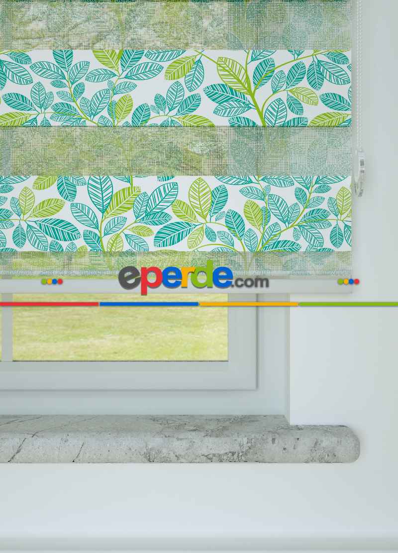 Yeşil Mint Yaprak Desenli Baskılı Zebra Perde