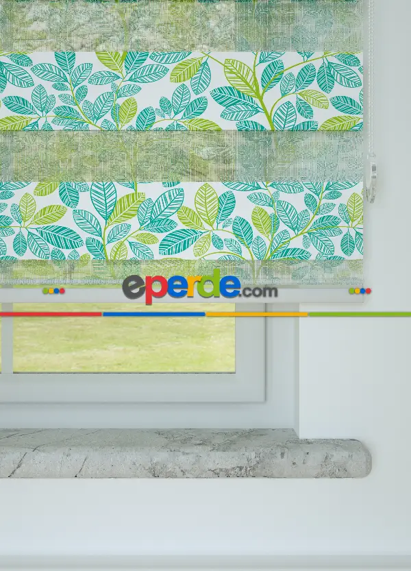 Yeşil Mint Yaprak Desenli Baskılı Zebra Perde