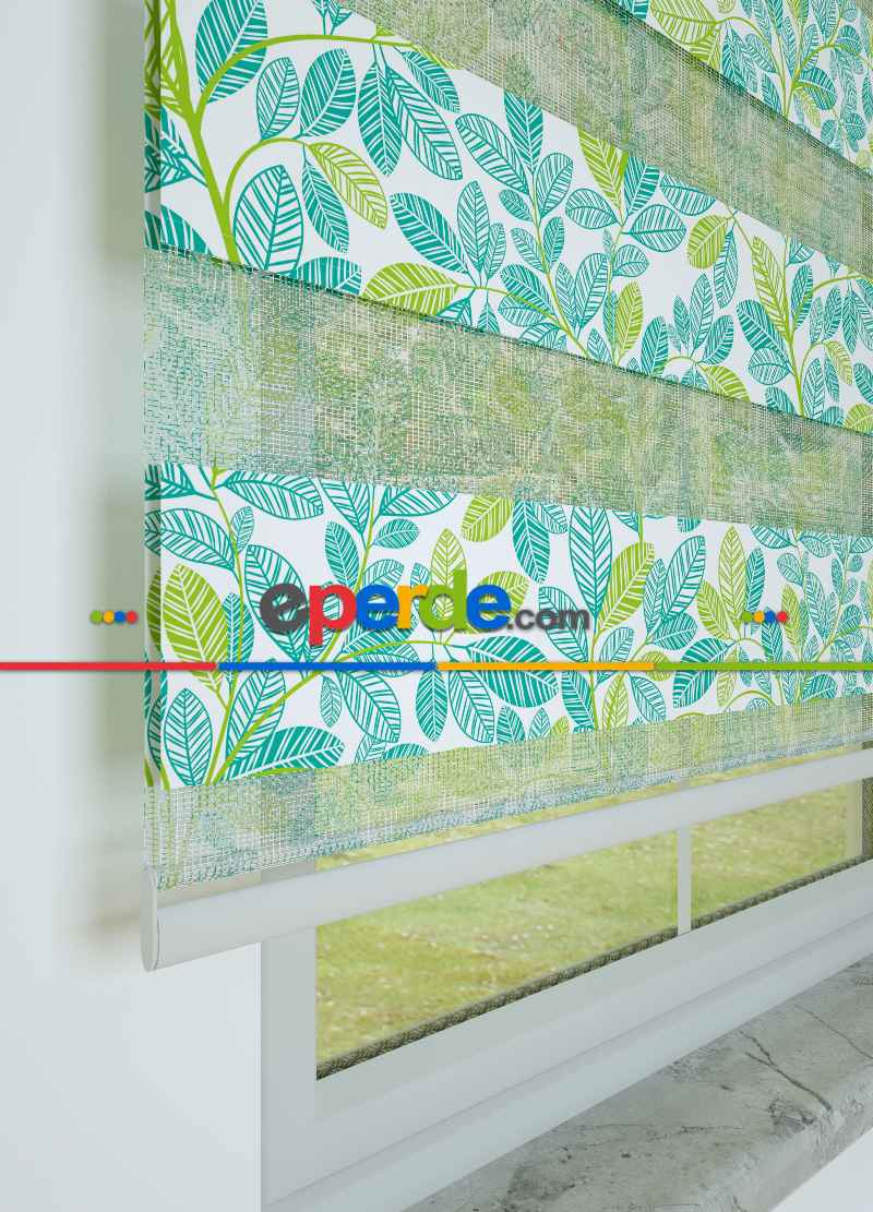 Yeşil Mint Yaprak Desenli Baskılı Zebra Perde