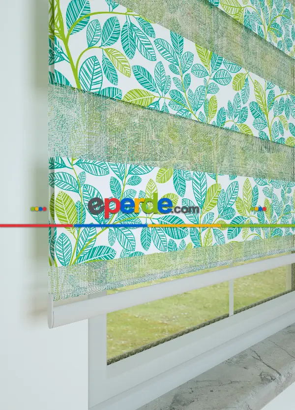 Yeşil Mint Yaprak Desenli Baskılı Zebra Perde