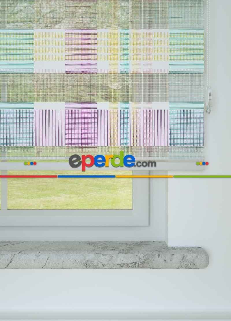 Bebek Odası - Mint Mor Çizgi Desenli Baskılı Zebra Perde