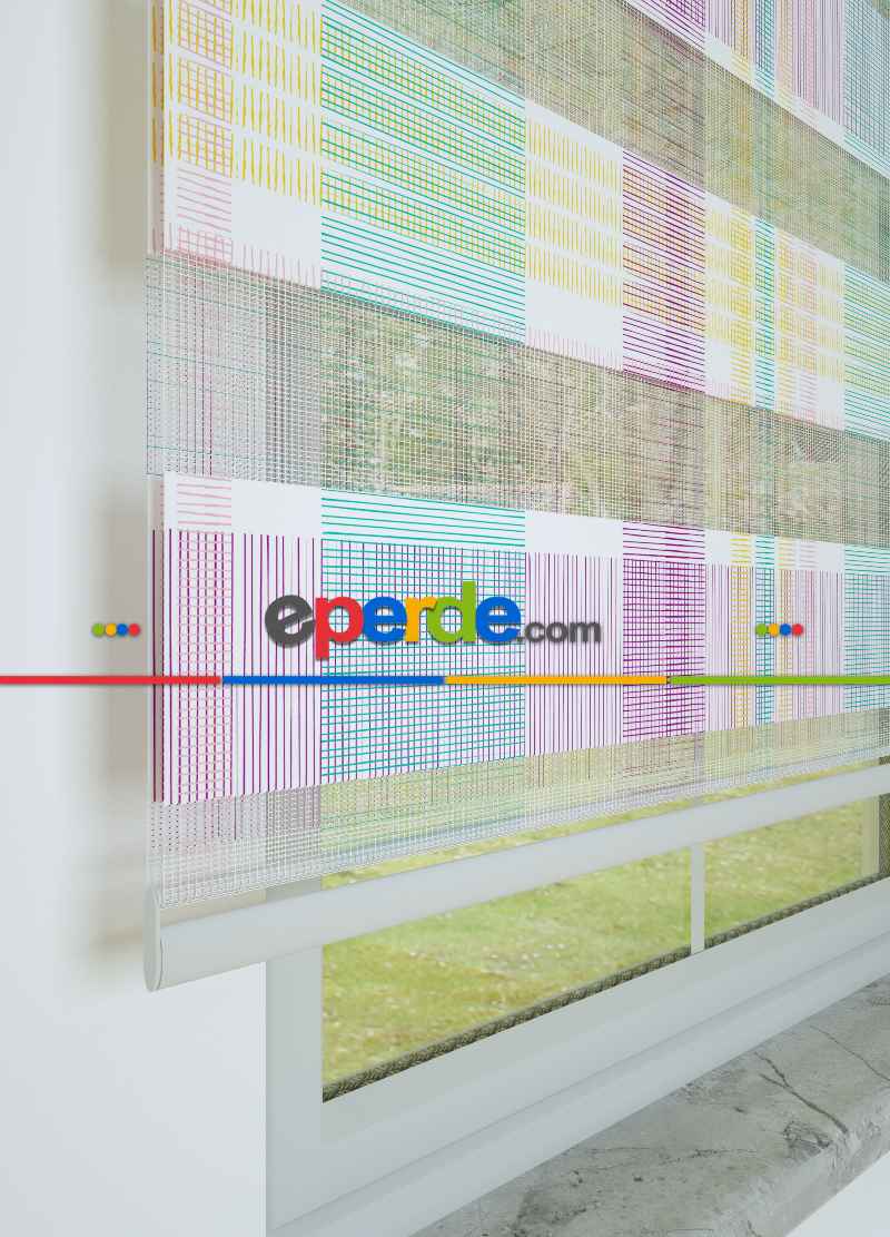 Bebek Odası - Mint Mor Çizgi Desenli Baskılı Zebra Perde