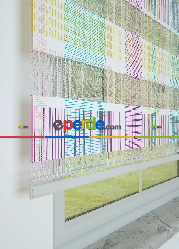 Bebek Odası - Mint Mor Çizgi Desenli Baskılı Zebra Perde