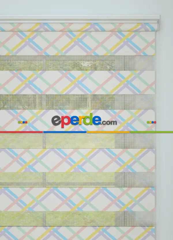 Bebek Odası - Sarı Lila Çizgi Desenli Baskılı Zebra Perde