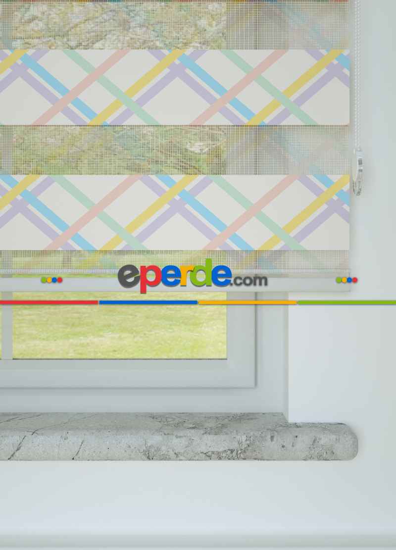 Bebek Odası - Sarı Lila Çizgi Desenli Baskılı Zebra Perde