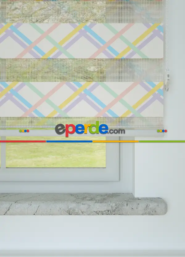 Bebek Odası - Sarı Lila Çizgi Desenli Baskılı Zebra Perde