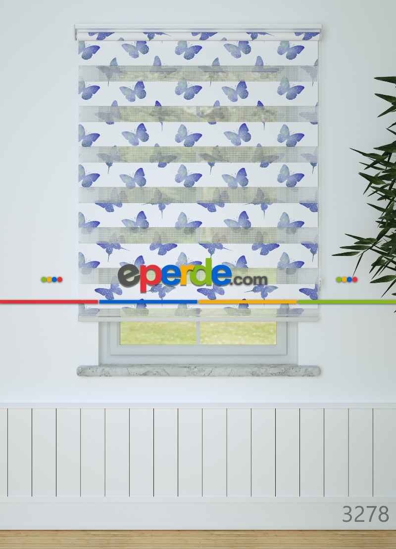 Genç Odası - Mavimsi Mor Kelebek Desenli Baskılı Zebra Perde