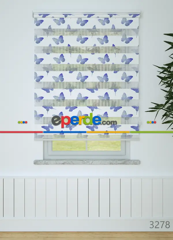 Genç Odası - Mavimsi Mor Kelebek Desenli Baskılı Zebra Perde