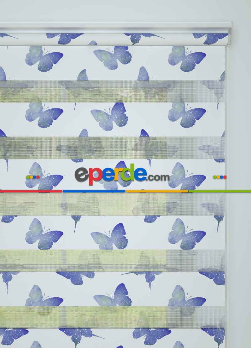 Genç Odası - Mavimsi Mor Kelebek Desenli Baskılı Zebra Perde