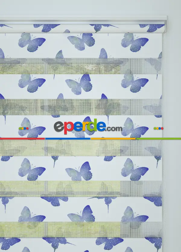 Genç Odası - Mavimsi Mor Kelebek Desenli Baskılı Zebra Perde