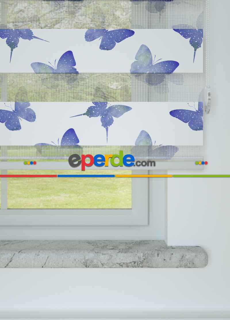 Genç Odası - Mavimsi Mor Kelebek Desenli Baskılı Zebra Perde