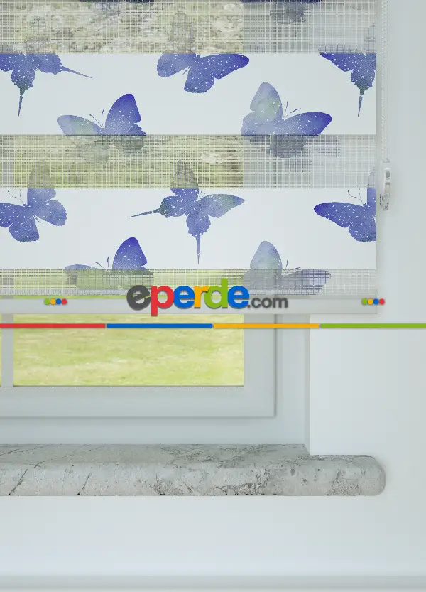 Genç Odası - Mavimsi Mor Kelebek Desenli Baskılı Zebra Perde