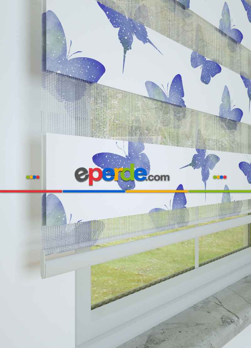 Genç Odası - Mavimsi Mor Kelebek Desenli Baskılı Zebra Perde