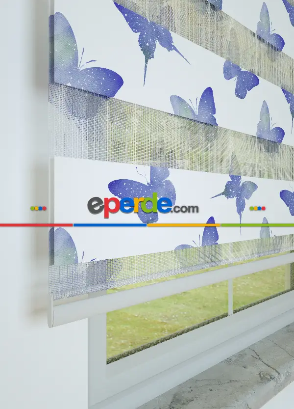 Genç Odası - Mavimsi Mor Kelebek Desenli Baskılı Zebra Perde