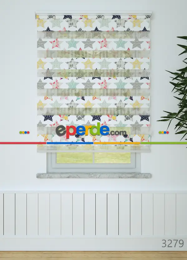 Gri Sarı Yıldız Desenli Baskılı Zebra Perde